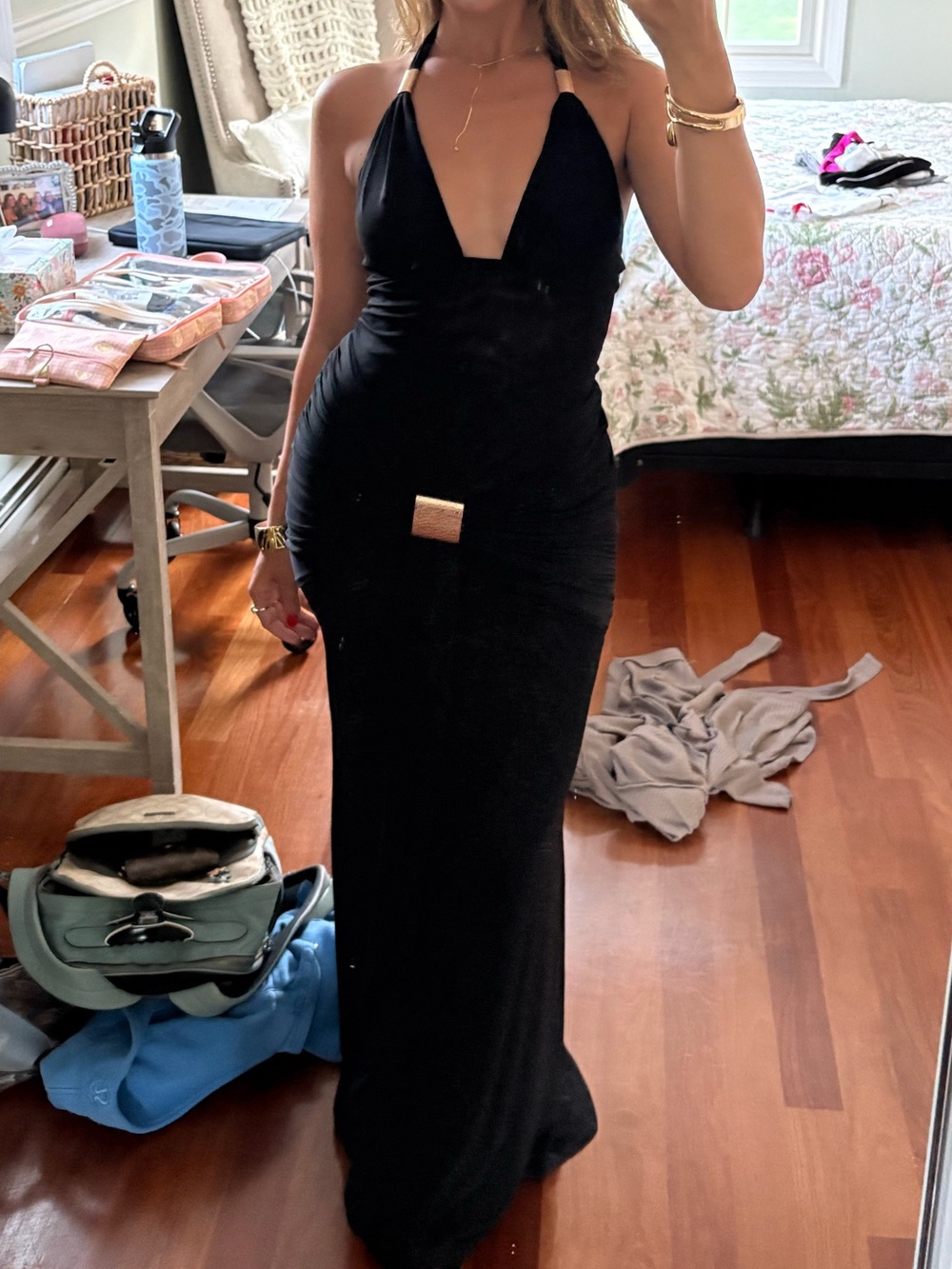Peppermayo Black Halter Maxi Dress with Gold Accent